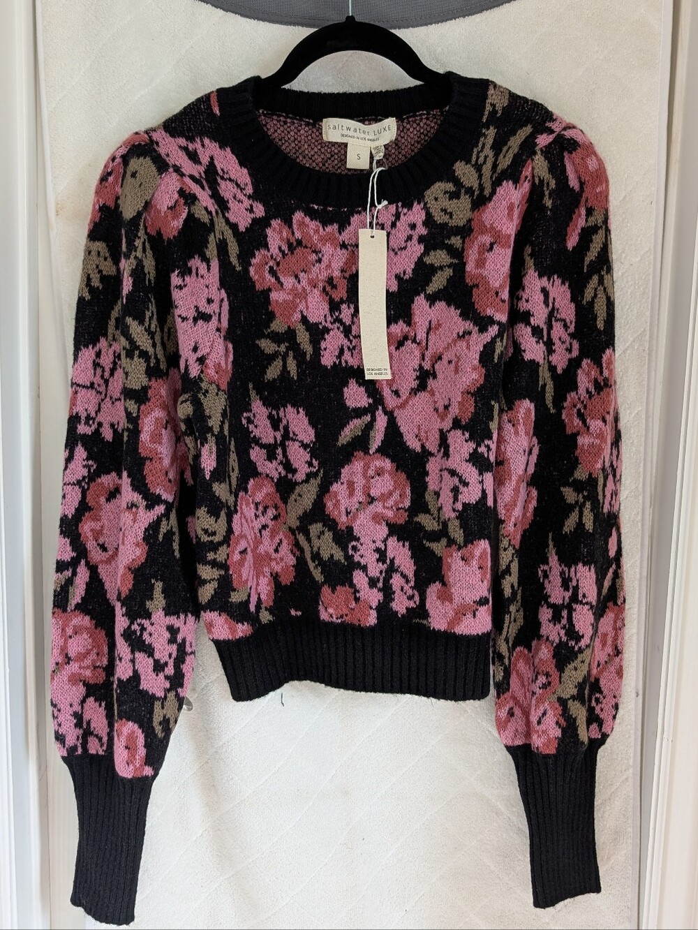 saltwater LUXE Black Pink Floral Crewneck Sweater with Olive Accents